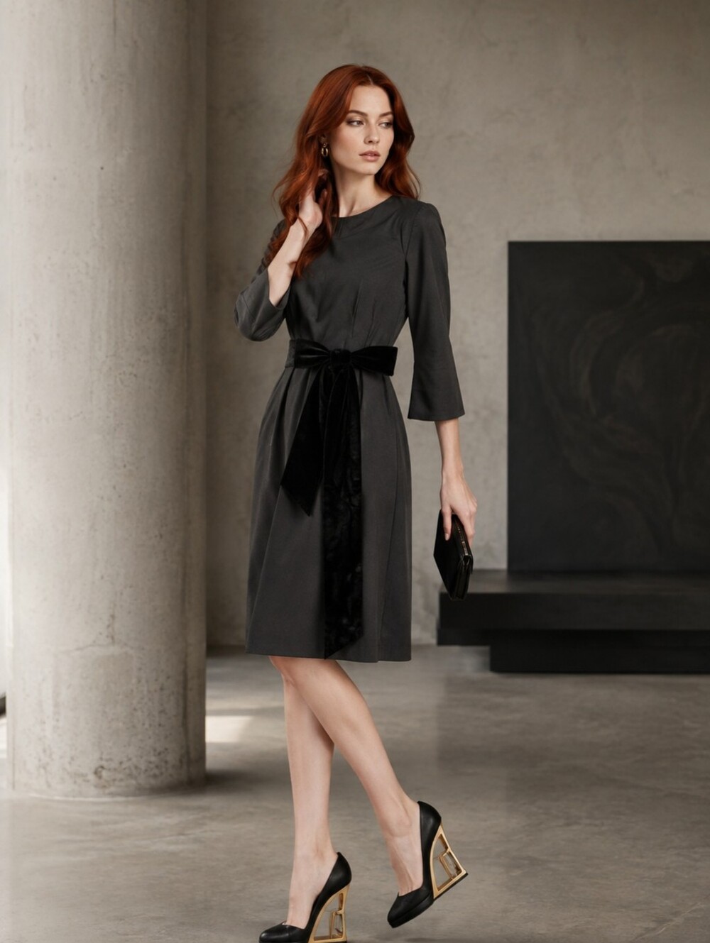 EUC J. Crew Size 4 Day-to-Night Black Dress in Exeter Flannel Velvet Sash!